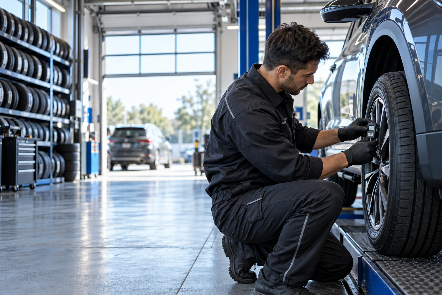 Tire center technician inspecting a vehicle wheel